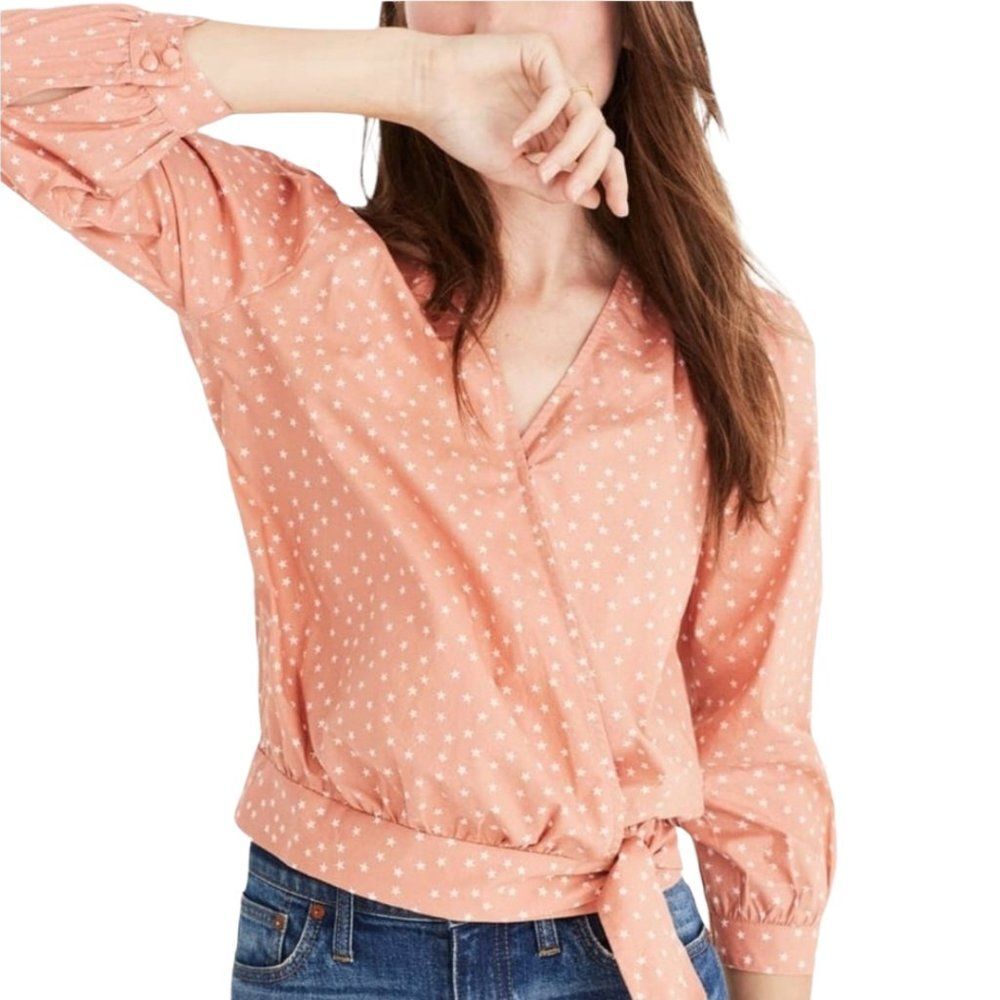 Madewell Wrap Blouse Womens Medium Peach Tie Front 3/4 Sleeve V-Neck Stars Boho - Picture 3 of 13